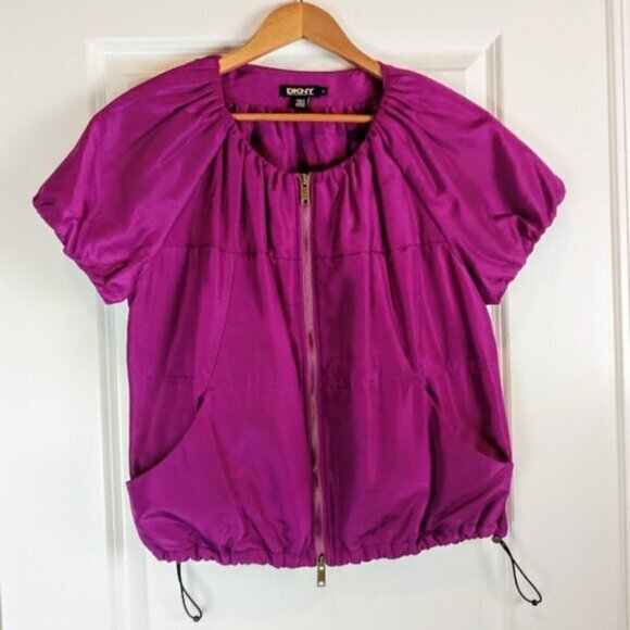 DKNY Magenta Pink Silk Full Zip Short Sleeve Jacket - Picture 1 of 6